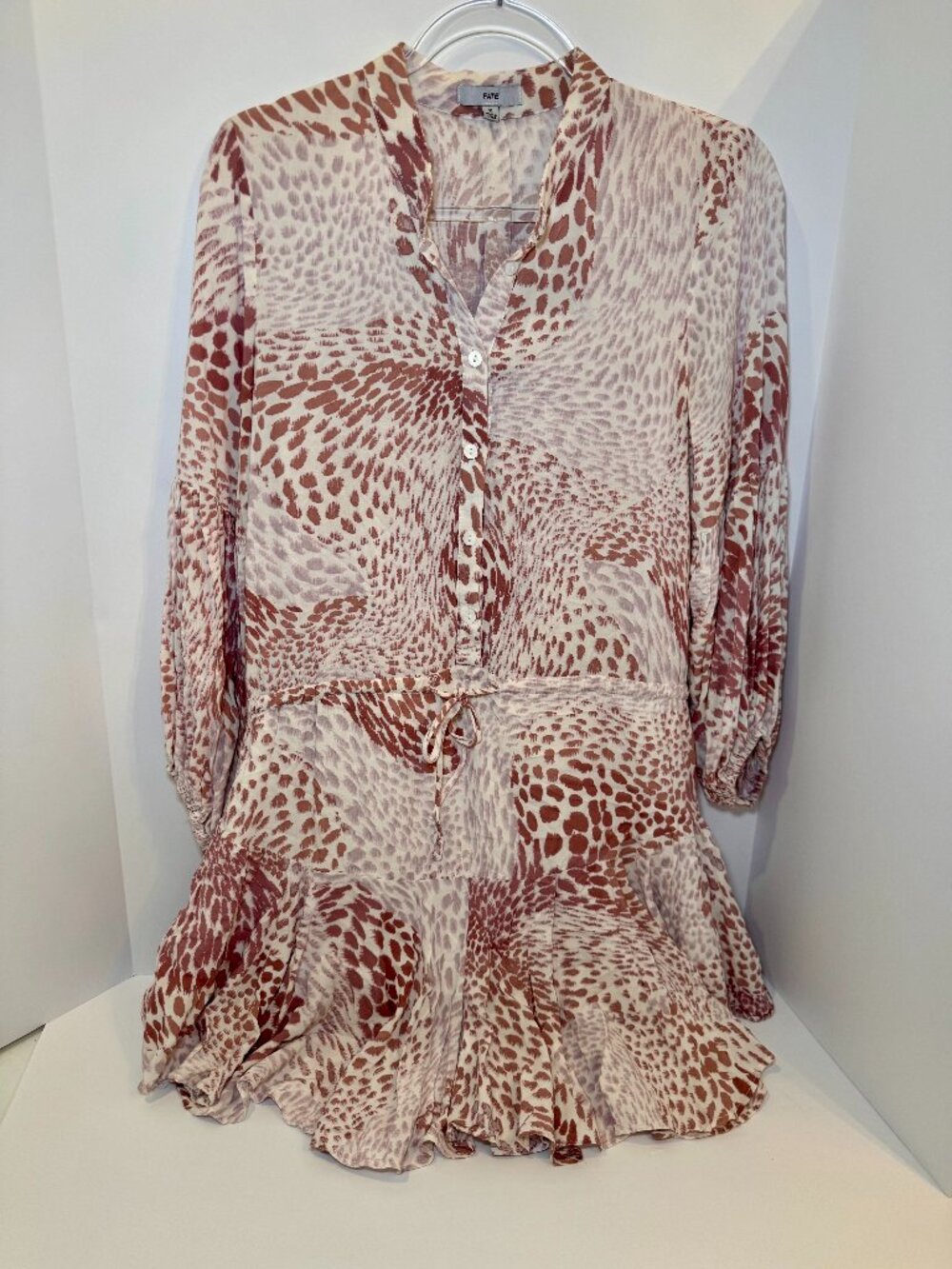 FATE Women’s Pink Animal Print Mini Dress Balloon Sleeve Tiered Boho Size Small